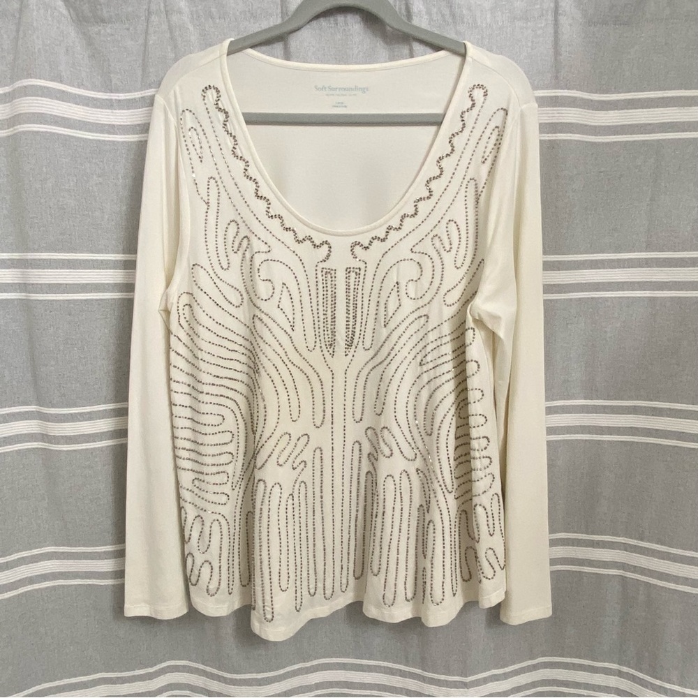 SOFT SURROUNDINGS / Cream Scoop neck Beaded Long Sleeve Shirt Size L